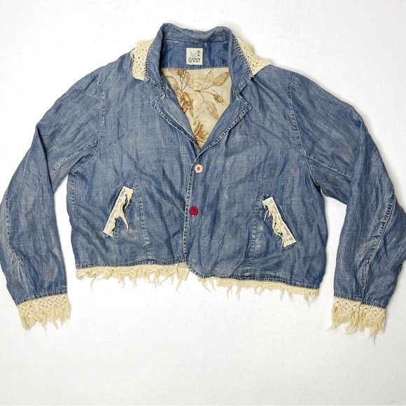 Jaded Gypsy Phoebe Harmony Denim Jacket Peace Sign Tattered Lace L/XL Coachella - Picture 1 of 5